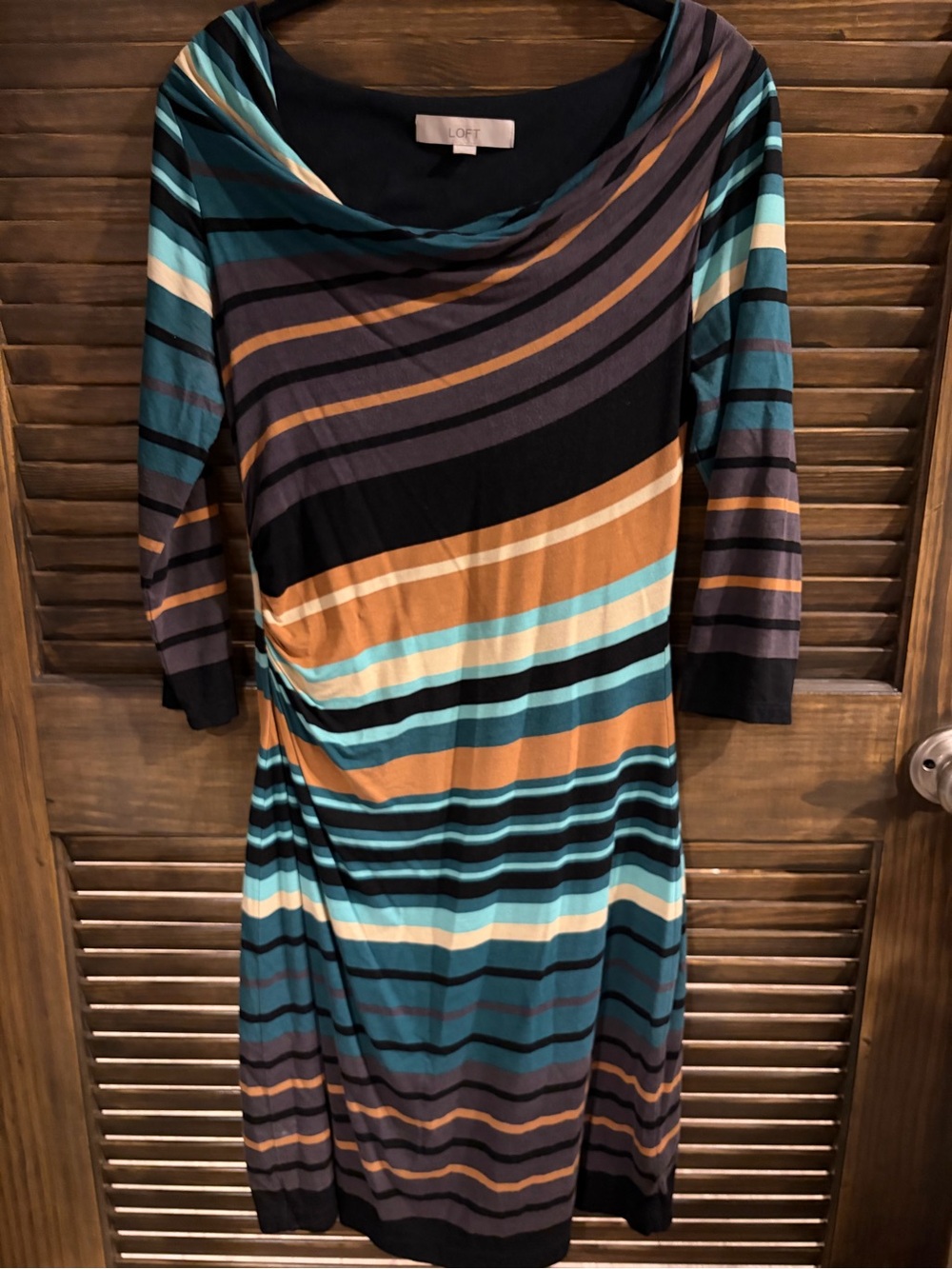LOFT Teal, Mustard & Black Striped Midi Dress